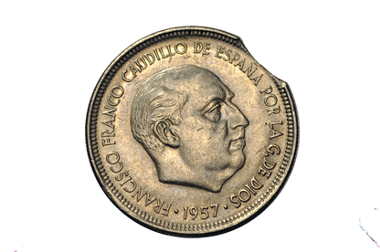 Spain 5 Pesetas 1957 Francisco Franco Minor Planchet Clip Error - 1957 5 Pesetas Minor Curved Planchet Clipped