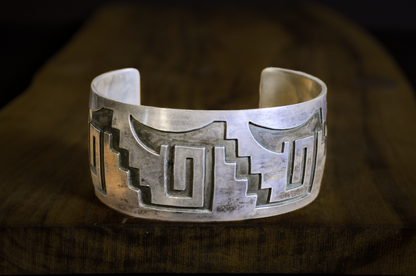 Geometric Navajo Cuff Sterling Silver "Micheal Tahe" Stamped - Stamped Geometric Antique Navajo Cuff Bracelet Sterling Silver