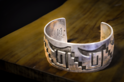 Geometric Navajo Cuff Sterling Silver "Micheal Tahe" Stamped - Stamped Geometric Antique Navajo Cuff Bracelet Sterling Silver