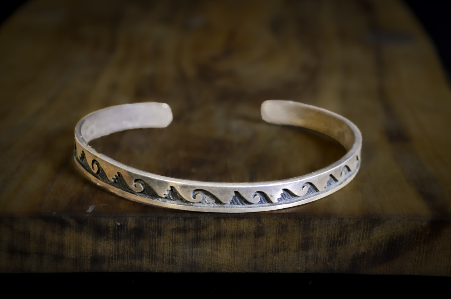 Native American Sterling Silver Wave Overlay Thin Cuff - Navajo Style Water Waves Sterling Silver Turtle Hallmark Bracelet