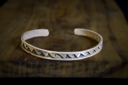Native American Sterling Silver Wave Overlay Thin Cuff - Navajo Style Water Waves Sterling Silver Turtle Hallmark Bracelet