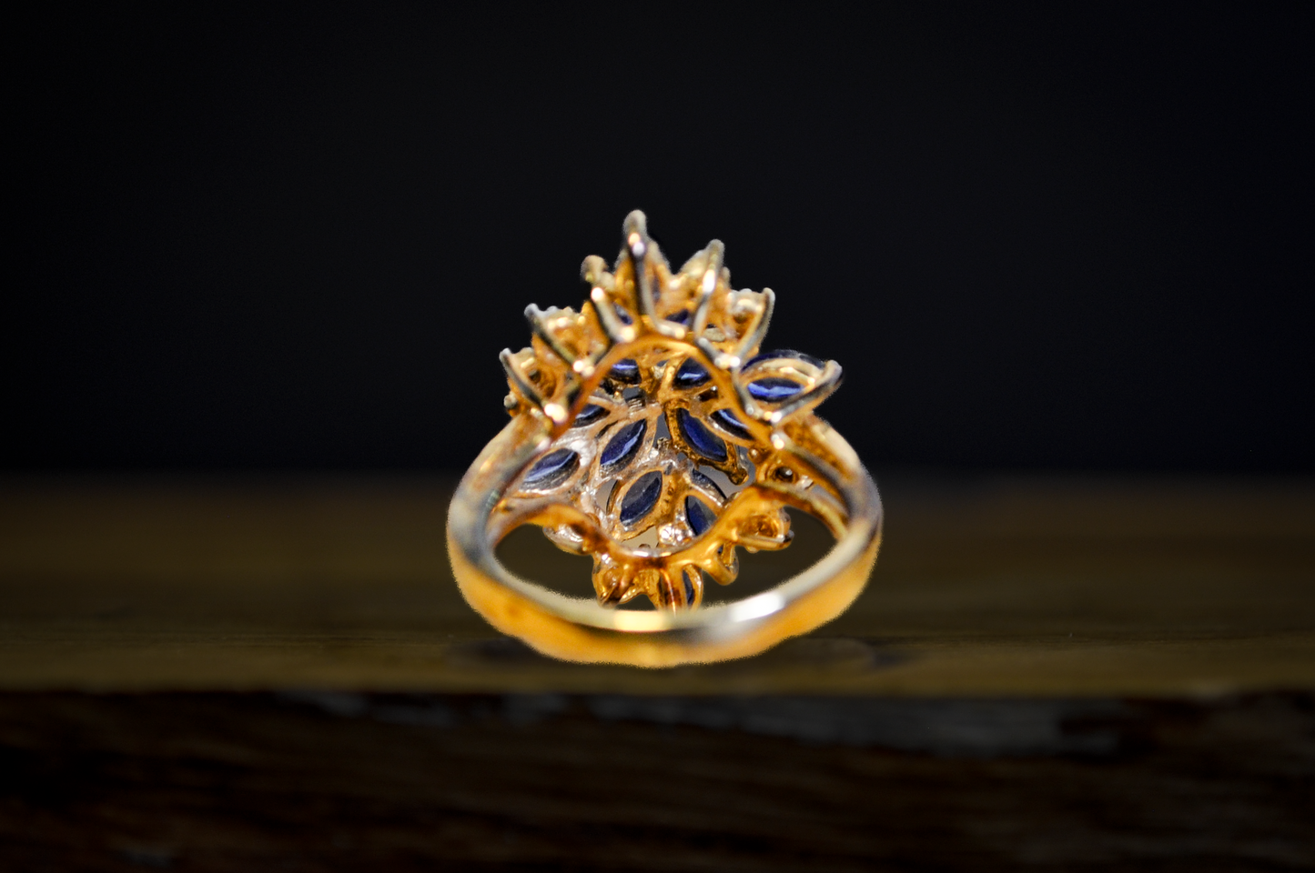 925 Gold Sapphire and Diamond CZ Cluster Ring - Blue Sapphire Marquise Cocktail Statement Piece Size 6
