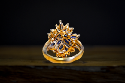925 Gold Sapphire and Diamond CZ Cluster Ring - Blue Sapphire Marquise Cocktail Statement Piece Size 6