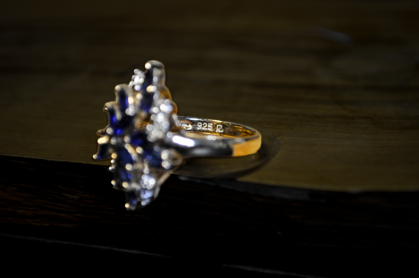 925 Gold Sapphire and Diamond CZ Cluster Ring - Blue Sapphire Marquise Cocktail Statement Piece Size 6