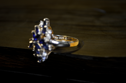 925 Gold Sapphire and Diamond CZ Cluster Ring - Blue Sapphire Marquise Cocktail Statement Piece Size 6