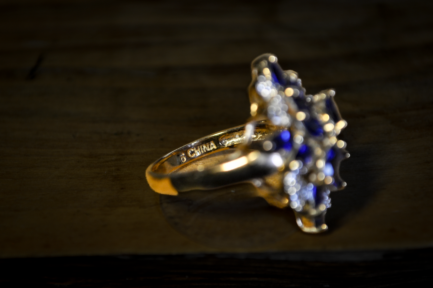 925 Gold Sapphire and Diamond CZ Cluster Ring - Blue Sapphire Marquise Cocktail Statement Piece Size 6