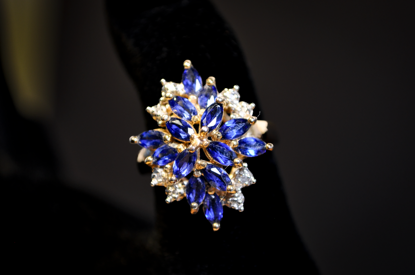 925 Gold Sapphire and Diamond CZ Cluster Ring - Blue Sapphire Marquise Cocktail Statement Piece Size 6