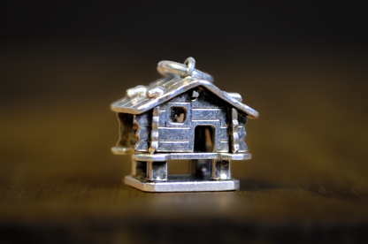 Vintage Sterling Silver Swiss Chalet 3-Dimensional Charm - Miniature Sterling Silver Log Cabin Pendant