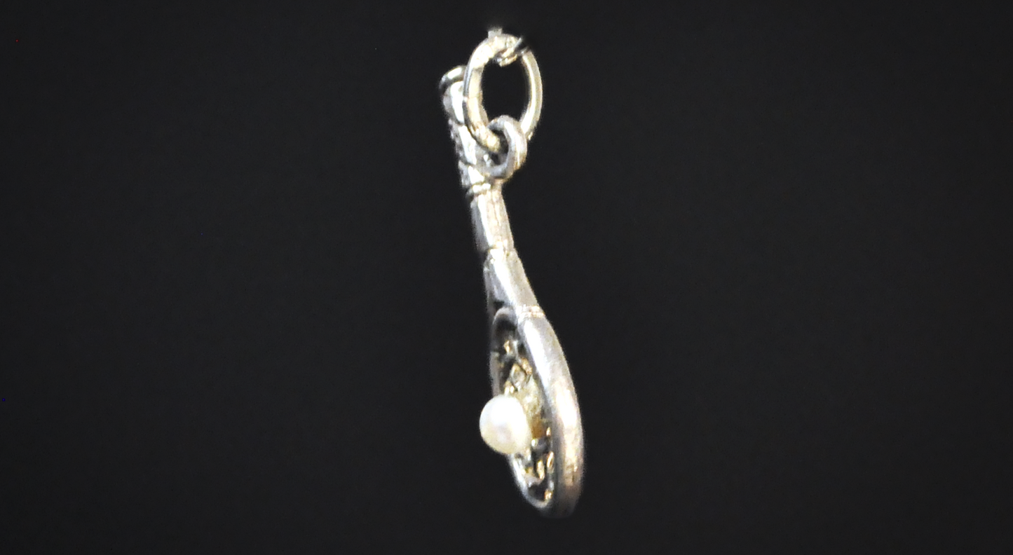 Sterling Silver Tennis Racket Charm Pendant with Pearl Tennis Ball - 925 Silver Tennis Racket Sports Charm with Cultured Pearl Accent
