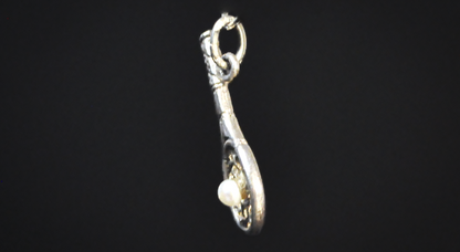 Sterling Silver Tennis Racket Charm Pendant with Pearl Tennis Ball - 925 Silver Tennis Racket Sports Charm with Cultured Pearl Accent