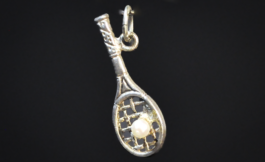Sterling Silver Tennis Racket Charm Pendant with Pearl Tennis Ball - 925 Silver Tennis Racket Sports Charm with Cultured Pearl Accent