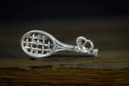 Sterling Silver Tennis Racket Charm Pendant with Pearl Tennis Ball - 925 Silver Tennis Racket Sports Charm with Cultured Pearl Accent