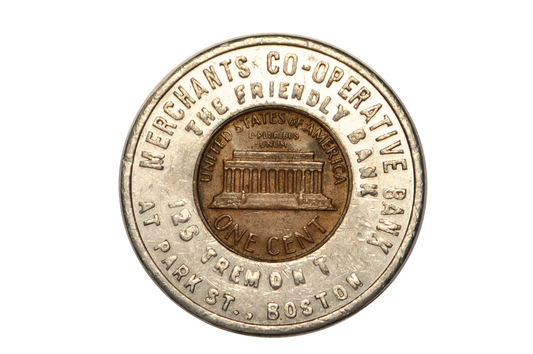 1968 Merchants Co-operative Bank of Boston Encased Penny Promotional Token - Boston Bank Promo Token 1968-D Good Luck Penny