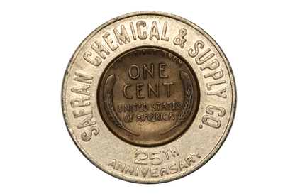 Safran Chemical & Supply Company Encased Penny Promotional Token - Good Luck Encased Penny 1958-D 25th Anniversary Chemical & Supply Co.