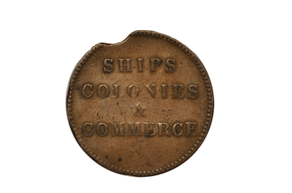 PE-10-28, Planchet Clip Error 1/2 Penny Token Ships Colonies and Commerce - PE-10-28 Minor Error Clip Planchet 1/2 Penny Token Ships Colonies and Commerce