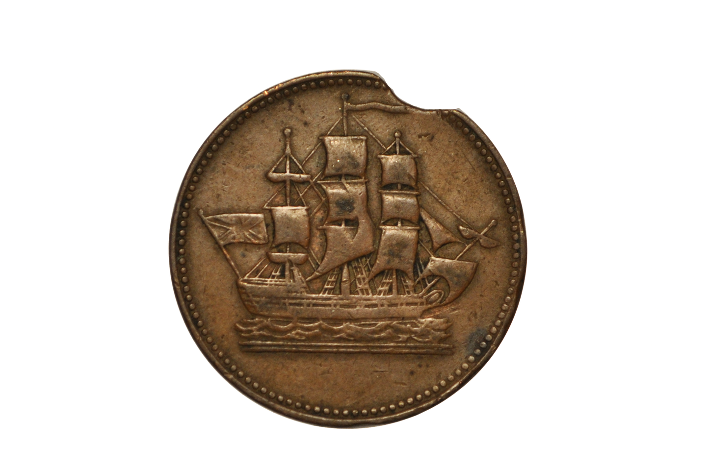 PE-10-28, Planchet Clip Error 1/2 Penny Token Ships Colonies and Commerce - PE-10-28 Minor Error Clip Planchet 1/2 Penny Token Ships Colonies and Commerce