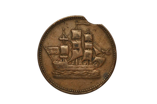 PE-10-28, Planchet Clip Error 1/2 Penny Token Ships Colonies and Commerce - PE-10-28 Minor Error Clip Planchet 1/2 Penny Token Ships Colonies and Commerce