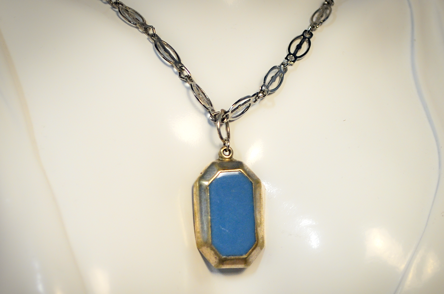 Antique Art Deco Alpaca Mexico Large Blue Necklace - Vintage Octagon Pendant Necklace with Sky Blue Inlay Stone With Textured Chain