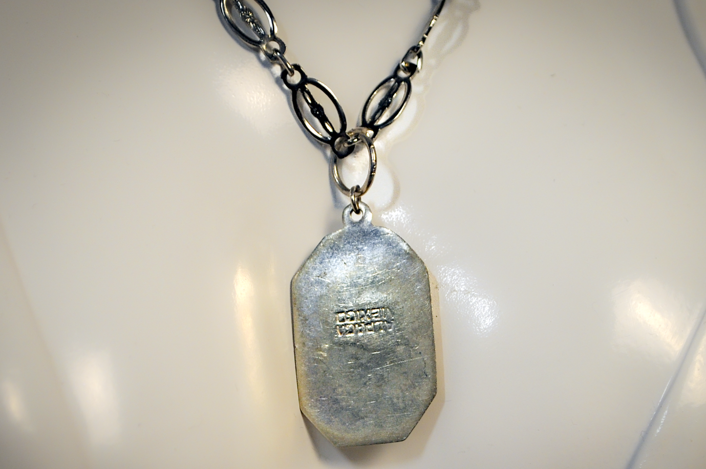 Antique Art Deco Alpaca Mexico Large Blue Necklace - Vintage Octagon Pendant Necklace with Sky Blue Inlay Stone With Textured Chain