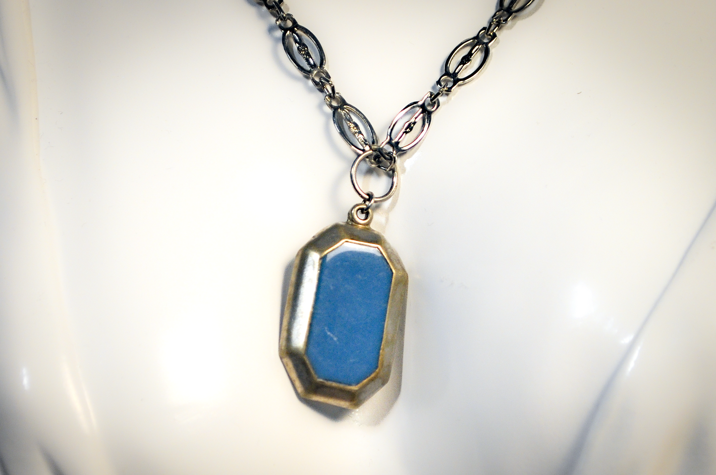 Antique Art Deco Alpaca Mexico Large Blue Necklace - Vintage Octagon Pendant Necklace with Sky Blue Inlay Stone With Textured Chain