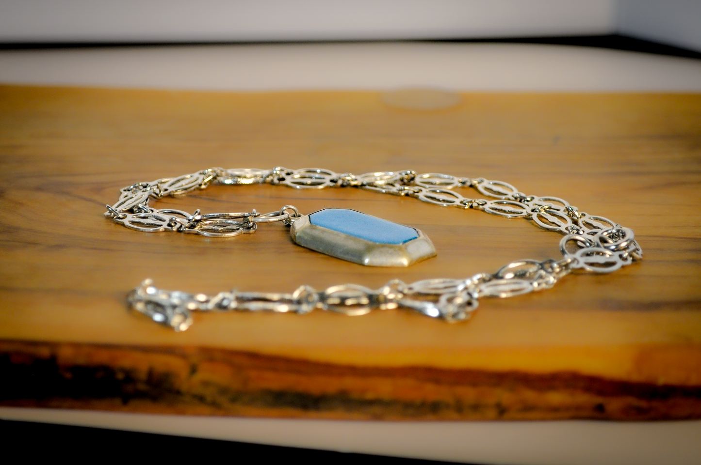 Antique Art Deco Alpaca Mexico Large Blue Necklace - Vintage Octagon Pendant Necklace with Sky Blue Inlay Stone With Textured Chain