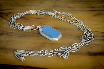 Antique Art Deco Alpaca Mexico Large Blue Necklace - Vintage Octagon Pendant Necklace with Sky Blue Inlay Stone With Textured Chain