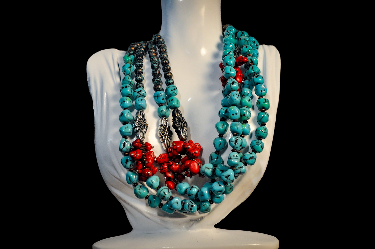 Treska Statement Necklace 4 Strand Beaded Necklace Faux Turquoise - Costume Jewelry Four Strand Large Beaded Necklace by Treska