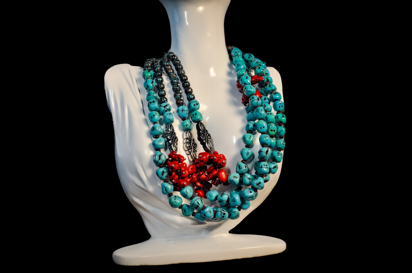 Treska Statement Necklace 4 Strand Beaded Necklace Faux Turquoise - Costume Jewelry Four Strand Large Beaded Necklace by Treska