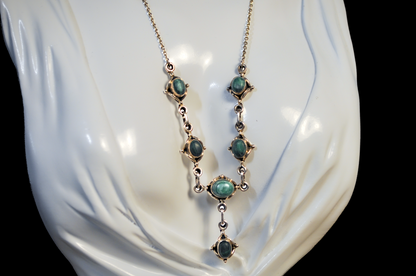 Antique 925 Sterling Cabochon-cut Malachite Stones Drop Pendant Necklace - Sterling Silver Necklace Featuring 6 Oval Malachite Stones
