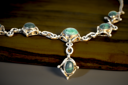 Antique 925 Sterling Cabochon-cut Malachite Stones Drop Pendant Necklace - Sterling Silver Necklace Featuring 6 Oval Malachite Stones