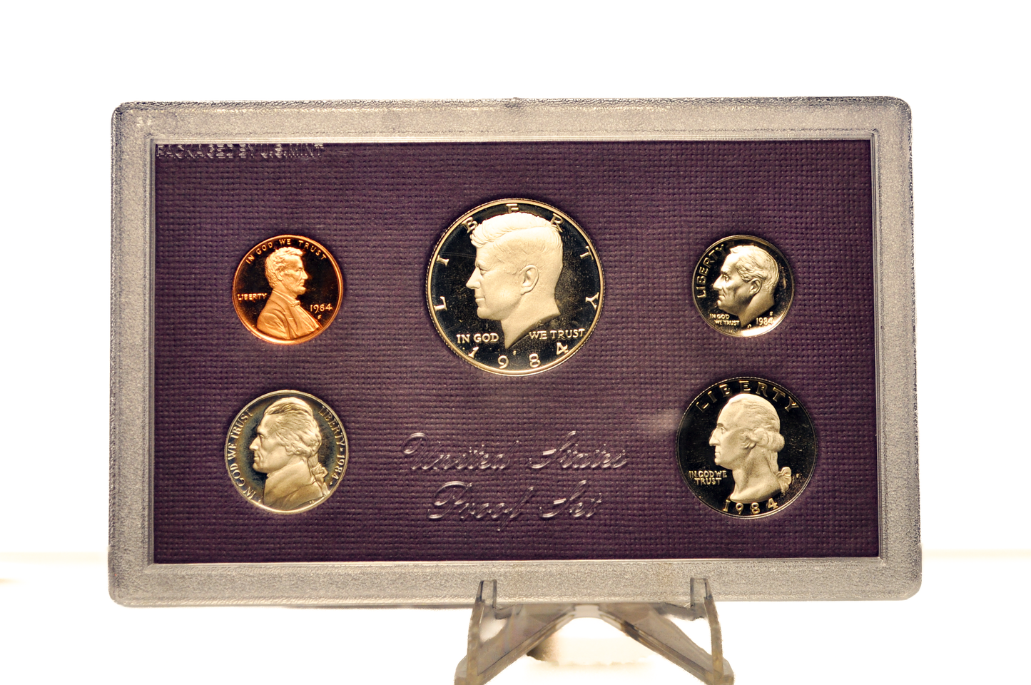 Off-Center Packaging Shift Display Error 1984-S US Mint Proof Set - Purple Shifted Display Alignment 1984 United States Mint Proof Set