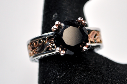 Gothic Style Large Black Stone Sterling Silver Ring Size 8 - S925 Sterling Silver Filigree Ring with Large Black Gem Size 8