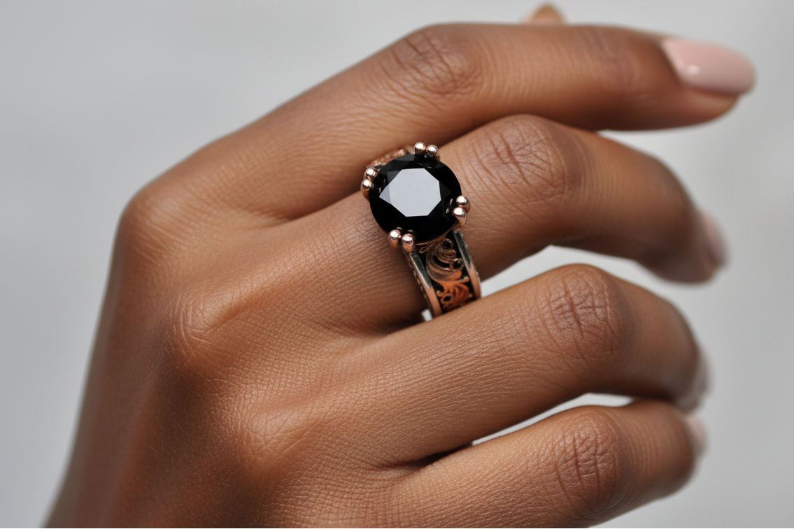 Gothic Style Large Black Stone Sterling Silver Ring Size 8 - S925 Sterling Silver Filigree Ring with Large Black Gem Size 8
