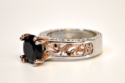 Gothic Style Large Black Stone Sterling Silver Ring Size 8 - S925 Sterling Silver Filigree Ring with Large Black Gem Size 8