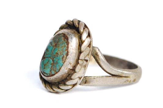 Dainty Native Kingman Turquoise Sterling Silver Ring Size 1.5 - Native Sterling Silver Dainty Oval Kingman Turquoise Infant Ring