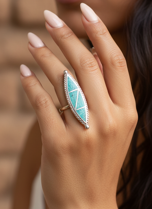 Native Sterling Silver Ring with Sky‑blue Turquoise Inlay, Size 5.5 - Native Handcrafted Sterling Ring Sky‑blue and Green‑hued Turquoise Inlay