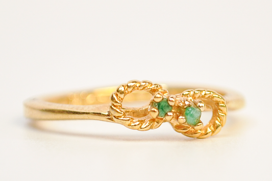 Size 5 Gold Electroplated Dainty Infinity Ring Green Stone Accents - Vintage Infinity Design Ring with Green Accent Stones Sz 5