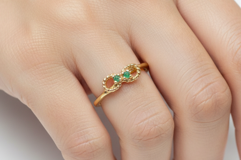 Size 5 Gold Electroplated Dainty Infinity Ring Green Stone Accents - Vintage Infinity Design Ring with Green Accent Stones Sz 5