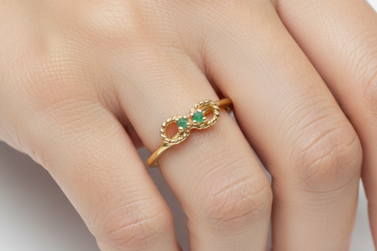 Size 5 Gold Electroplated Dainty Infinity Ring Green Stone Accents - Vintage Infinity Design Ring with Green Accent Stones Sz 5