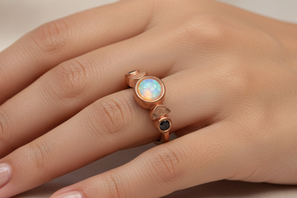 S925 Rose Gold Eclipse Ring Black CZ Moon Size 9 - Black CZ Moon And Moonstone Sun Eclipse Ring