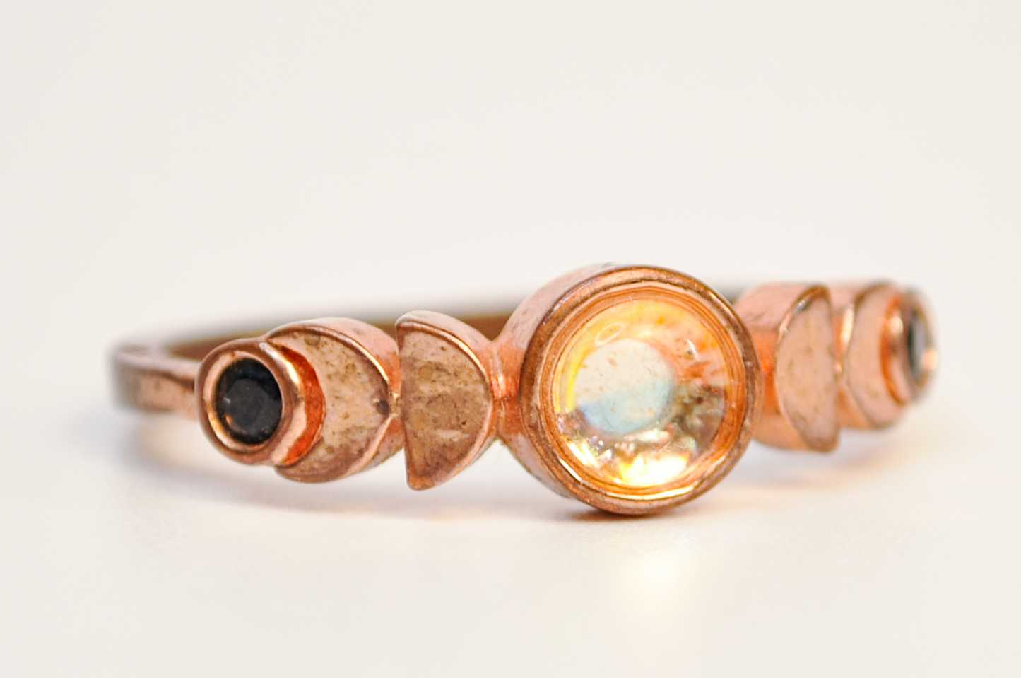 S925 Rose Gold Eclipse Ring Black CZ Moon Size 9 - Black CZ Moon And Moonstone Sun Eclipse Ring