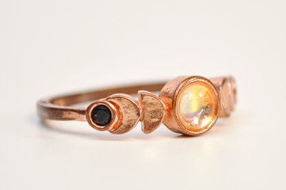 S925 Rose Gold Eclipse Ring Black CZ Moon Size 9 - Black CZ Moon And Moonstone Sun Eclipse Ring