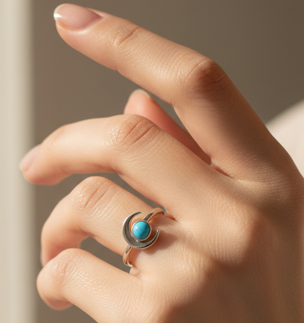 Sterling Silver Robin‑egg Turquoise Crescent Moon Ring Size 7 - Size 7 Robin Egg Turquoise Moonstone‑Style Sterling Ring