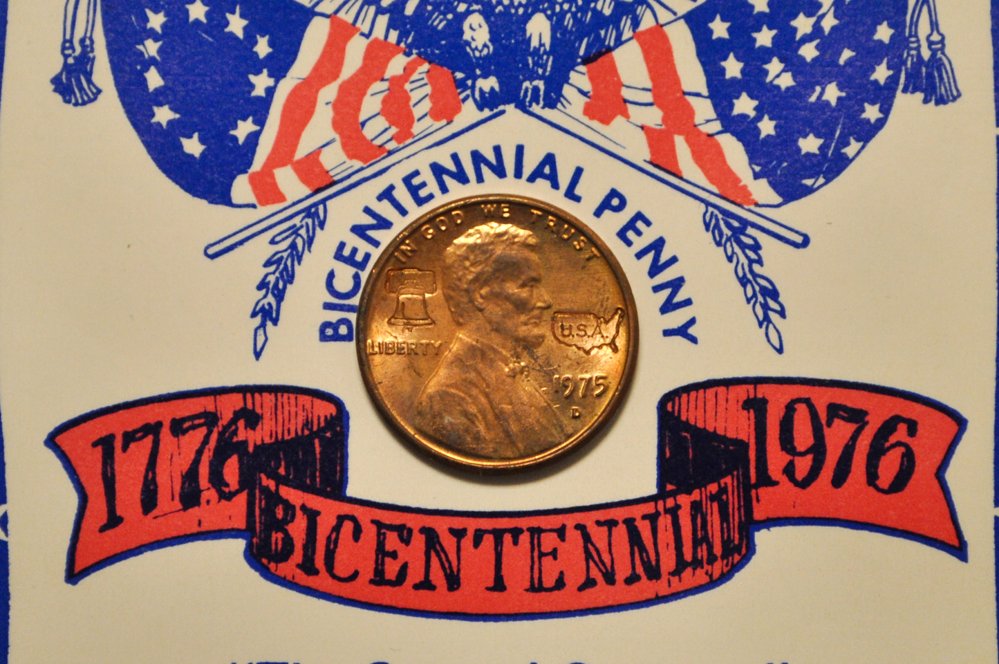 1975-D Bicentennial Stamped Penny Souvenir - 200th Anniversary of America Commemorative Penny 1975-D