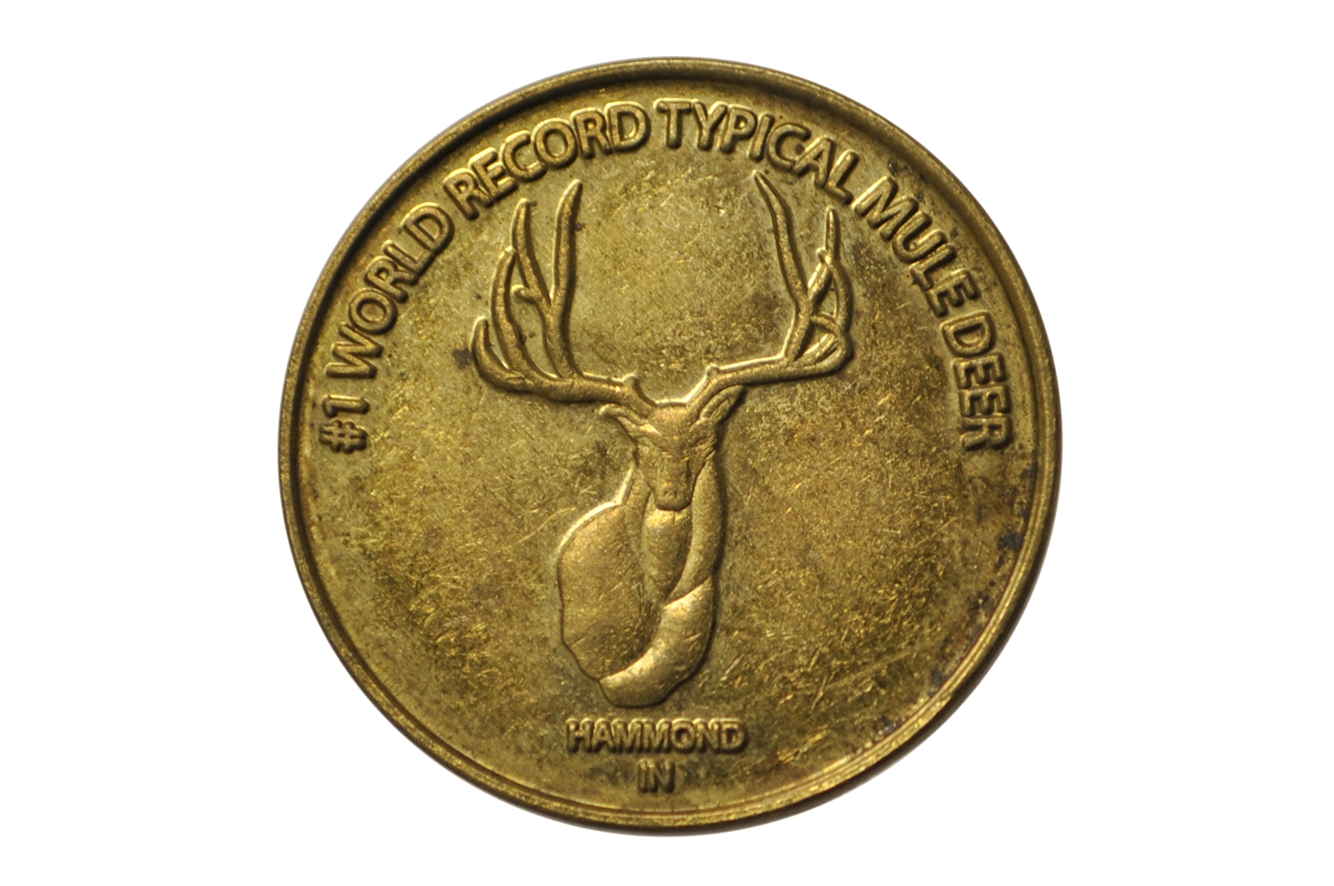 gear token Cabela's Hunting, Fishing, and Outdoor Gear Advertisement Token - 1961  Cabela's #1 World Record Typical Mule Deer Token