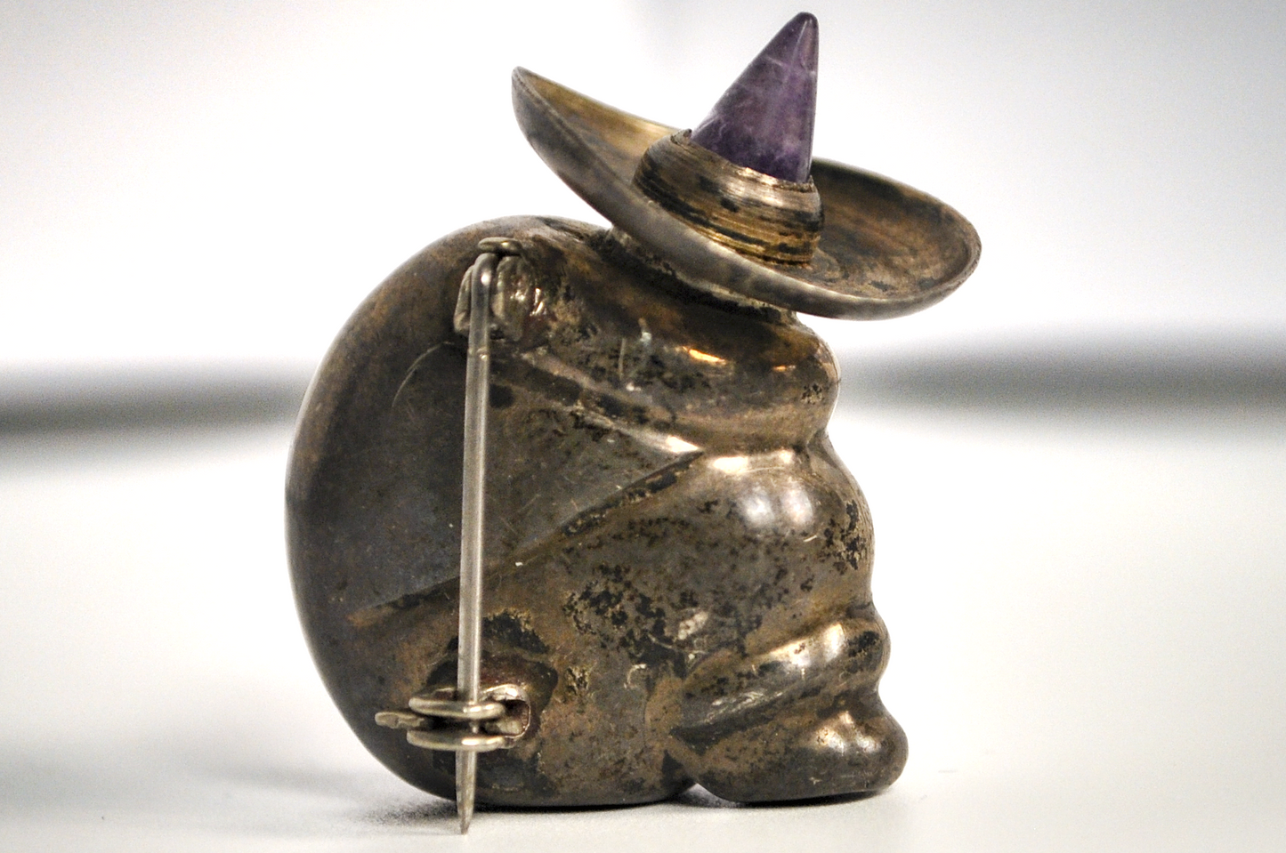 Vintage Sterling Silver Mexican Sleeping Fiesta Man Perfume Brooch - Silver Sombrero Figure Amethyst Accent Portable Perfume Brooch