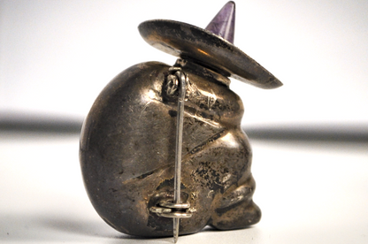 Vintage Sterling Silver Mexican Sleeping Fiesta Man Perfume Brooch - Silver Sombrero Figure Amethyst Accent Portable Perfume Brooch