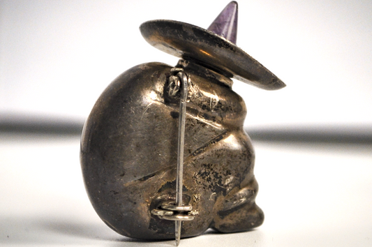 Vintage Sterling Silver Mexican Sleeping Fiesta Man Perfume Brooch - Silver Sombrero Figure Amethyst Accent Portable Perfume Brooch