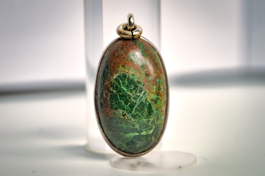Dark Forest Green Sterling Silver Pendant With Copper Veining - Oval Cabochon Pendant Featuring Deep Green and Coppery Bronze Coloring