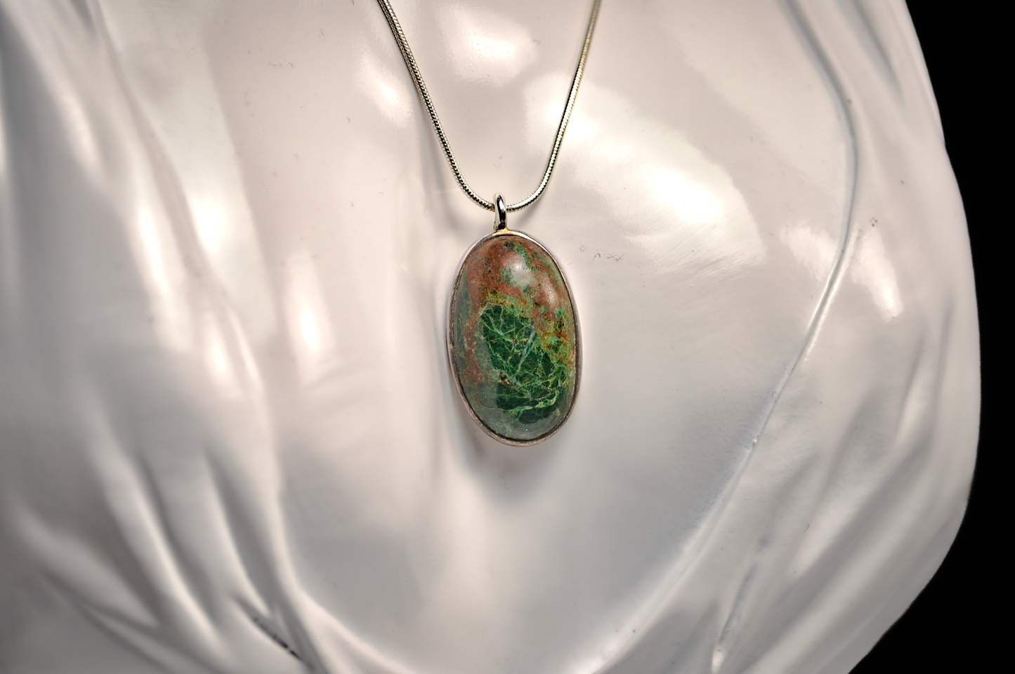 Dark Forest Green Sterling Silver Pendant With Copper Veining - Oval Cabochon Pendant Featuring Deep Green and Coppery Bronze Coloring